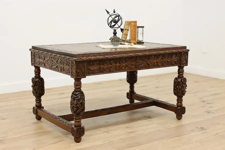 Main image of Renaissance Oak Antique Library Table or Desk, Carved Heads