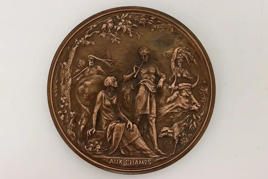 Main image of French Antique Country Scene Copper Sculpture Plaque Picault