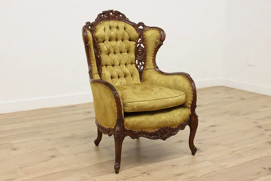 Main image of French Design Vintage Music Room Wing Chair, Carved Angels