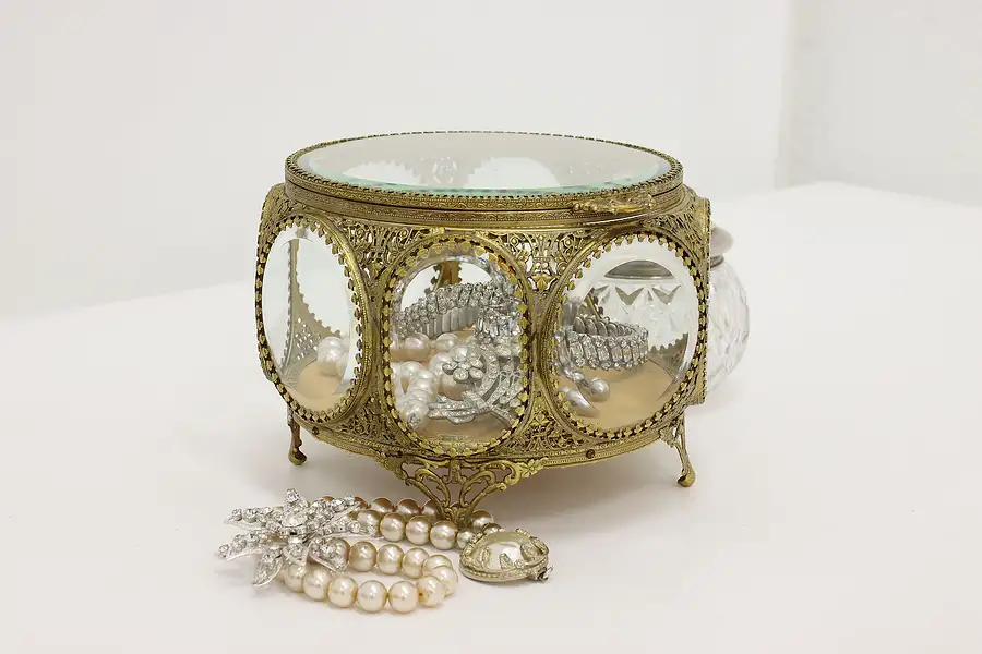 Main image of Gold Filigree & Beveled Glass Vintage Jewelry Box