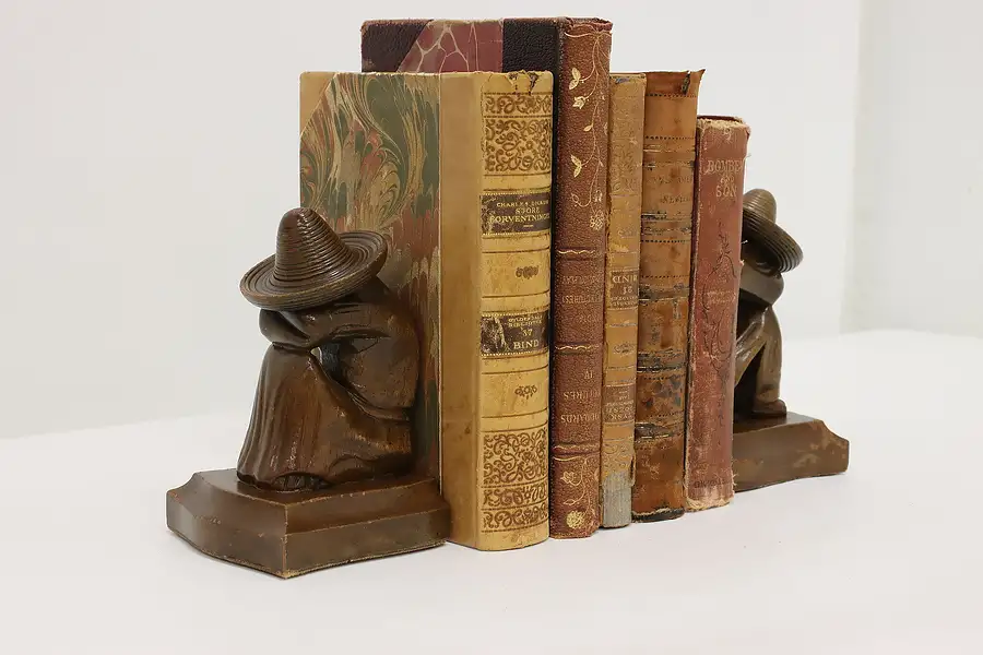 Main image of Pair of Vintage Carved Sleeping Couple w/ Sombreros Bookends