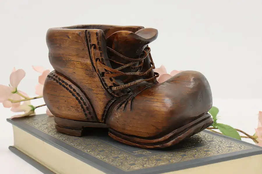 Main image of Swiss Folk Art Vintage Carved Pine Shoe, Thorens Music Box