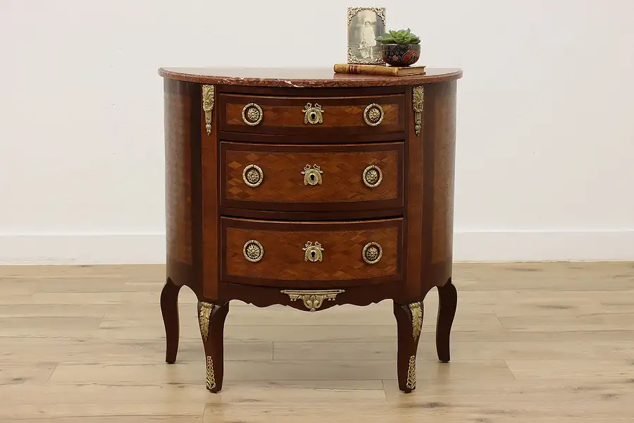 Main image of French Antique Marquetry Demilune Hall Console, Marble Top