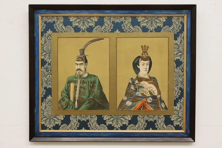 Main image of Japanese Emperors Vintage Ink on Paper Double Portrait 34.5"