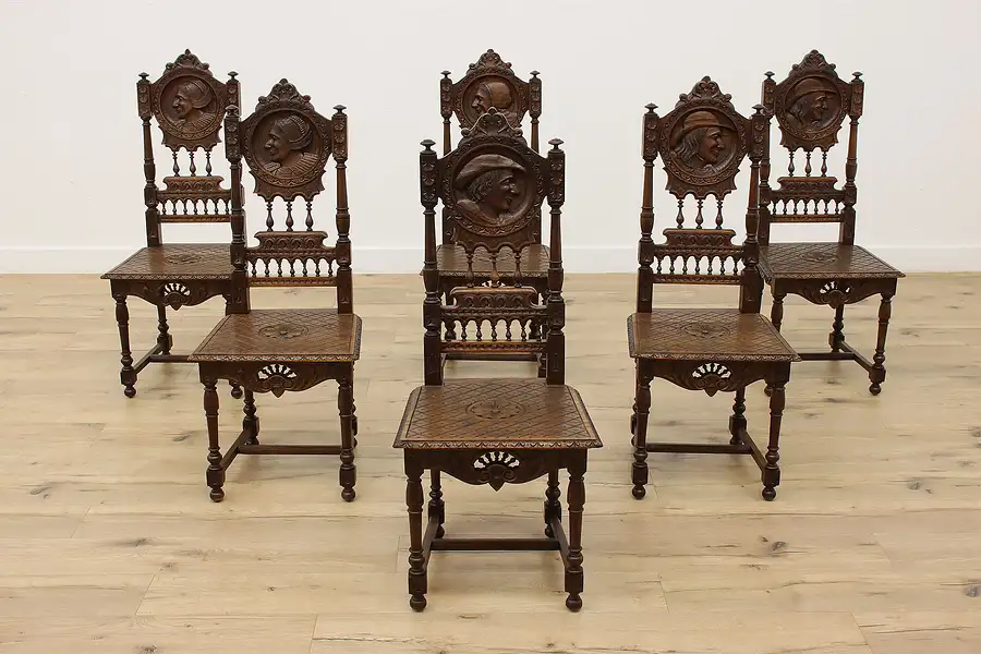 Main image of Set of 6 French Brittany Oak Dining Chairs, Carved Couples