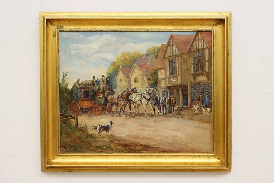 Main image of Coach Arriving Antique Original Oil Painting, Stillwell 37"