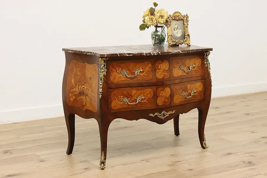 Main image of Italian Antique Bombe Marquetry Dresser or Hall Chest Marble