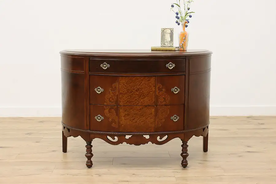 Main image of Tudor Antique Mahogany Birdseye & Burl Demilune Hall Console