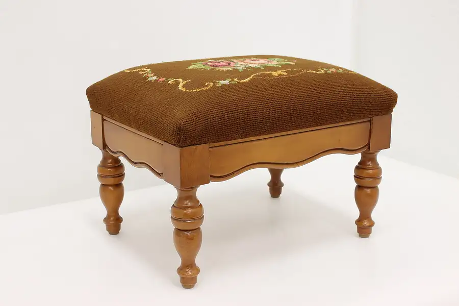 Main image of Farmhouse Vintage Maple Footstool, Handstitched Needlepoint