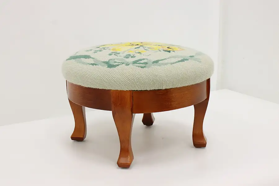 Main image of Yellow Lily Needlepoint Upholstery Vintage Birch Footstool