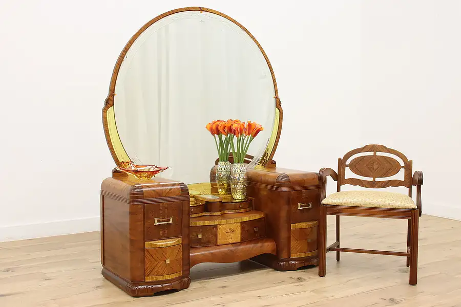 Main image of Art Deco Vintage Waterfall Walnut & Rosewood Vanity & Bench