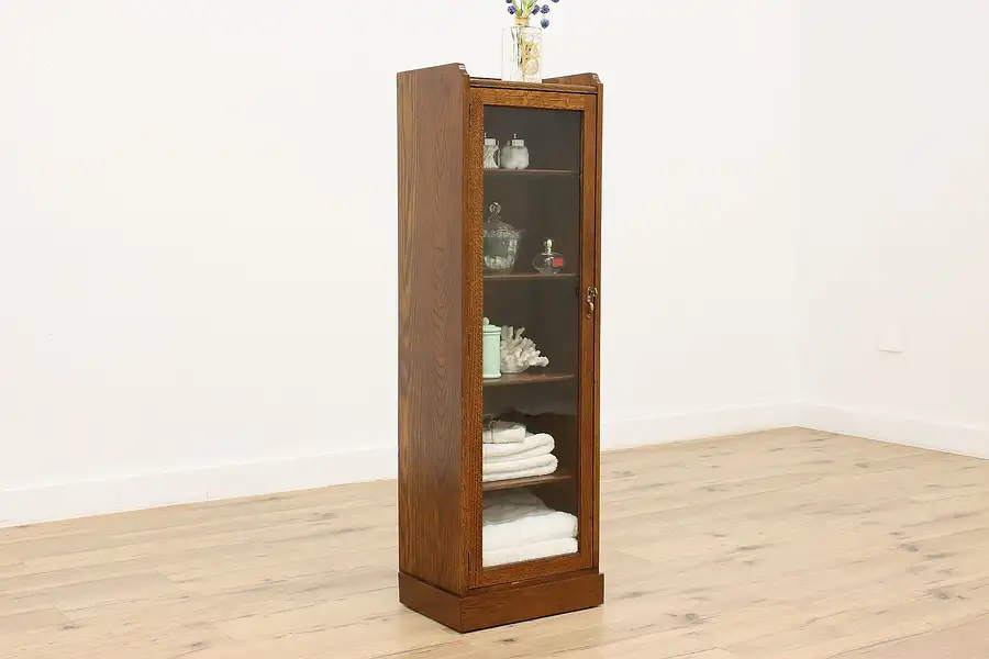 Main image of Arts & Crafts Antique Oak Narrow Bookcase or Bath Cabinet