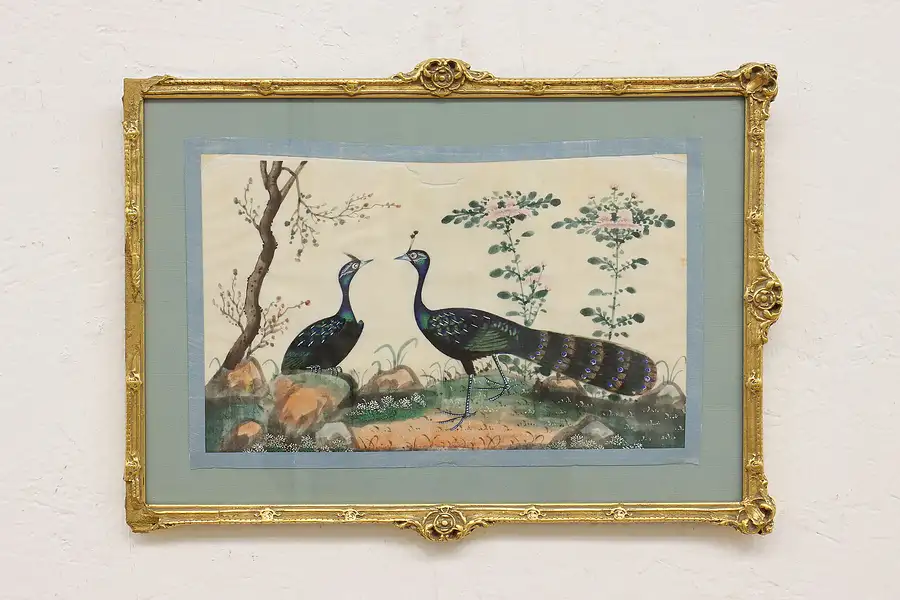 Main image of Asian Birds Antique Original Watercolor Painting on Silk 17"