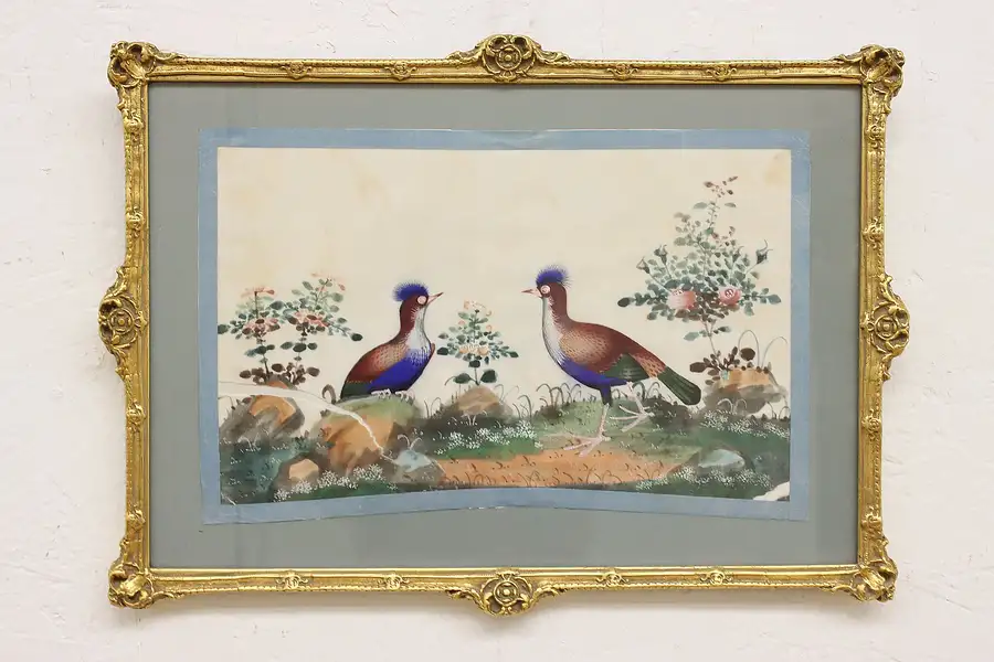 Main image of Asian Birds Antique Original Watercolor Painting on Silk 17"