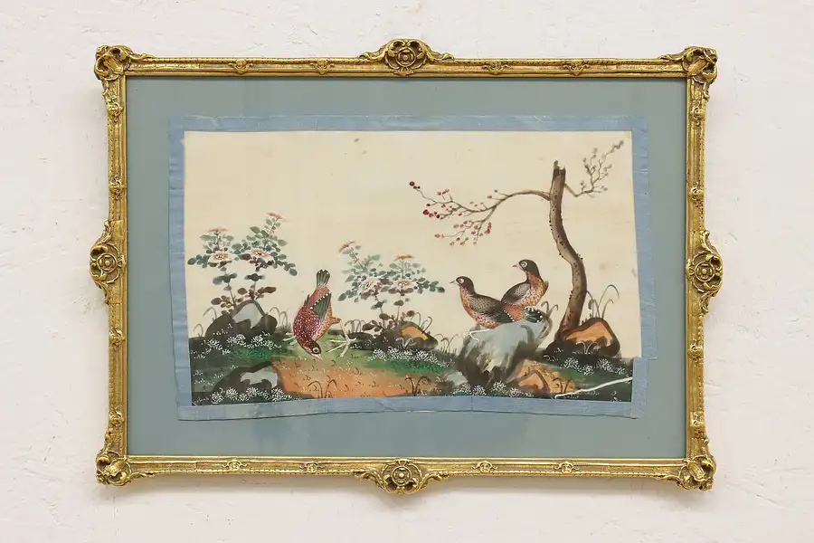 Main image of Asian Birds Antique Original Watercolor Painting on Silk 17"