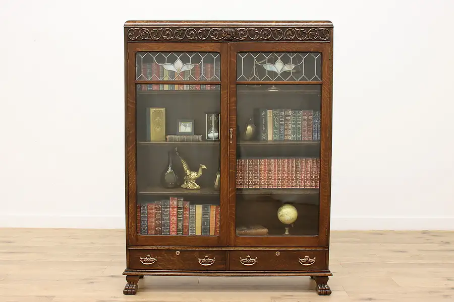 Main image of Victorian Antique Oak Bookcase Display Cabinet, Carved Face