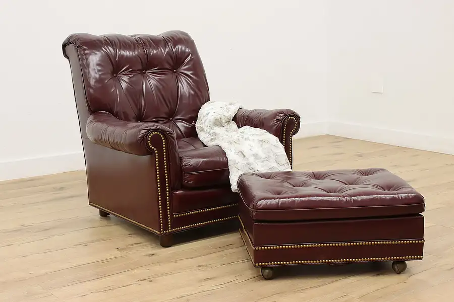 Main image of Georgian Vintage Burgundy Leather Chair & Ottoman, Hancock