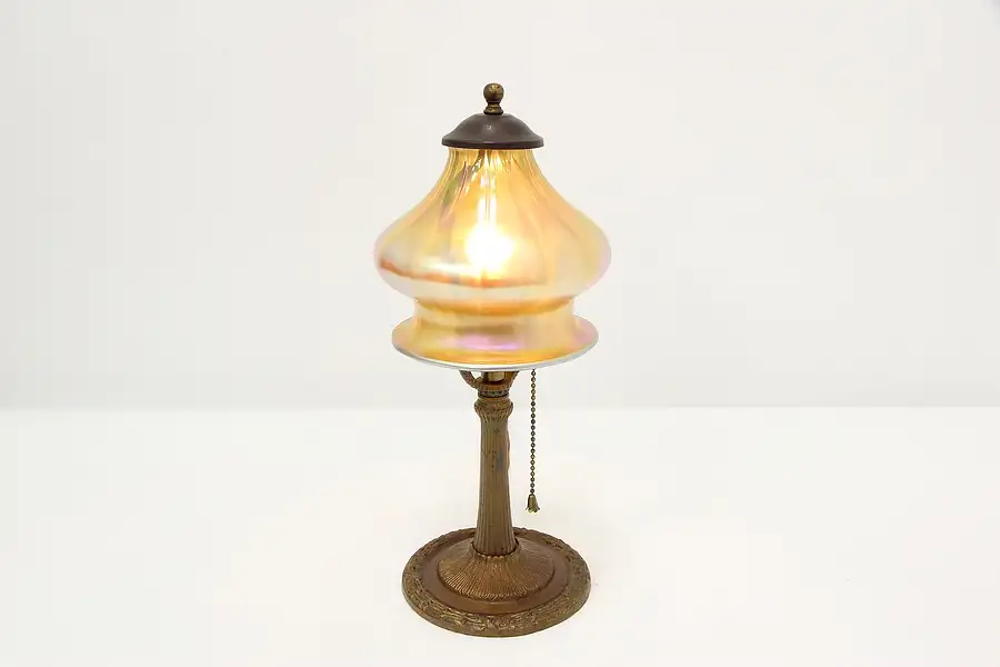 Main image of Gilt Iron Antique Boudoir or Desk Lamp, Art Glass Shade