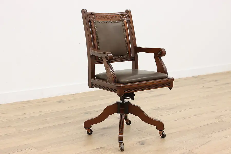 Main image of Victorian Eastlake Antique Leather Desk Chair, Milwaukee