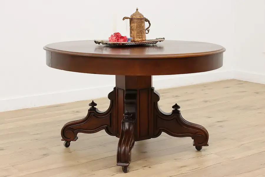 Main image of Victorian Antique Round 52" Carved Walnut Dining Table