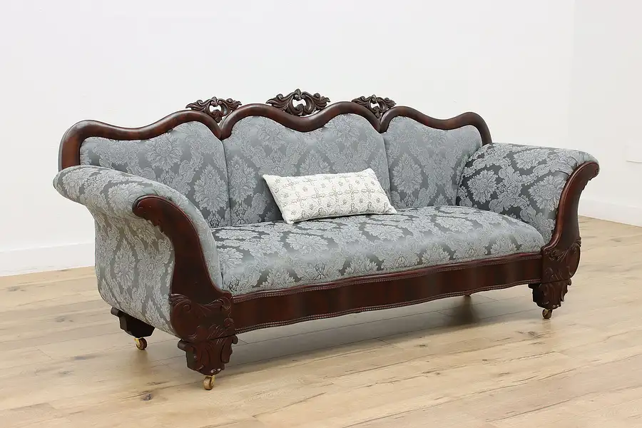 Main image of Empire Antique 1840s Carved Mahogany Sofa, New Upholstery