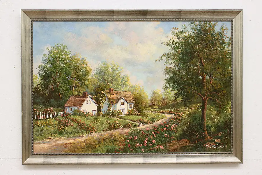 Main image of Cottage with Flowers Vintage Original Oil Painting Cozzi 40"