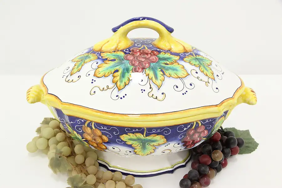 Main image of Italian Artistica Vintage Grapevine Painted Faience Tureen