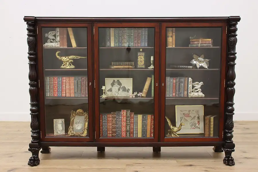 Main image of Empire Antique Carved Mahogany Triple Bookcase, Paw Feet