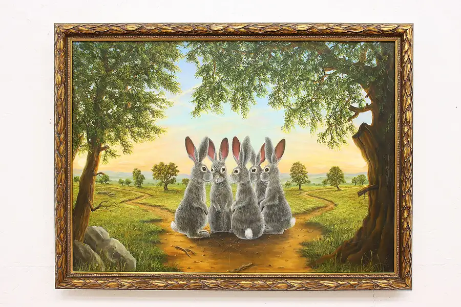 Main image of Decision Rabbits Vintage Original Oil Painting, Bissell 40"