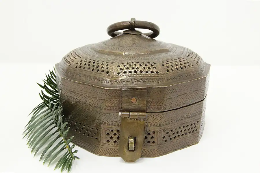 Main image of Chinese Antique Engraved Brass Pet Cricket Cage or Box