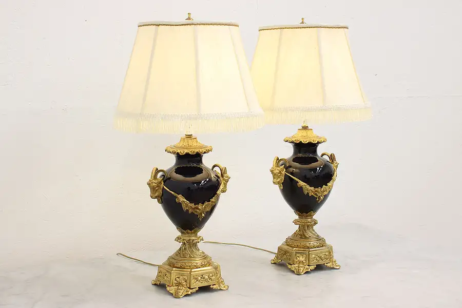 Main image of Pair of Antique Bronze & Cobalt Porcelain Lamps, Ram Heads