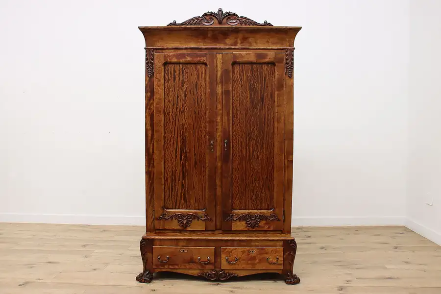 Main image of Victorian Antique Carved Figured Birch Armoire or Wardrobe