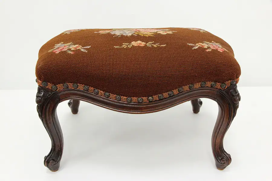 Main image of French Antique Carved Mahogany Footstool, Needlepoint