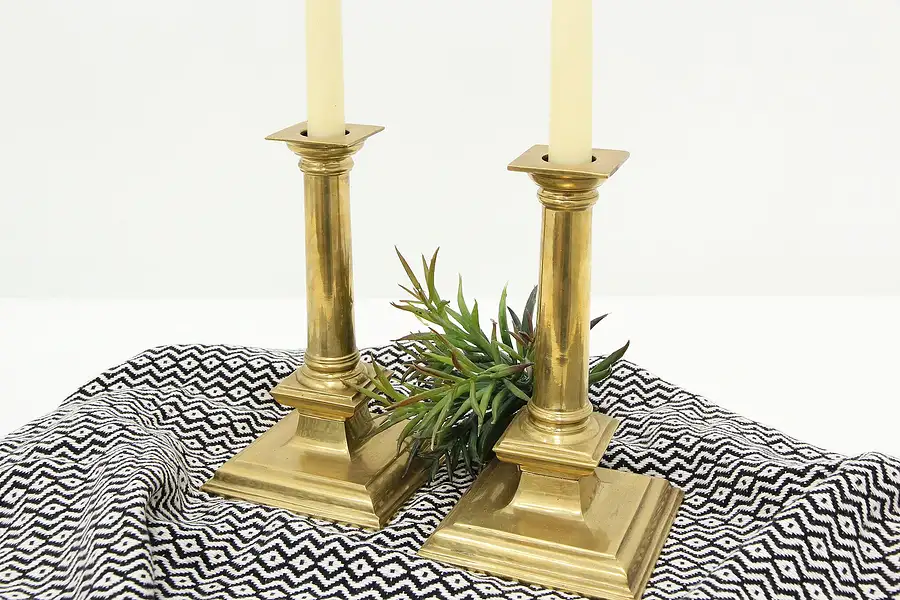 Main image of Pair of Antique English Farmhouse Brass Square Candlesticks