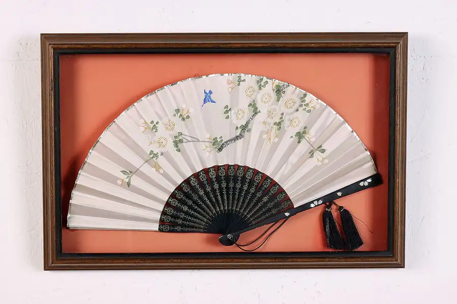 Main image of Japanese Vintage Painted Silk & Pearl Fan Shadow Box Frame