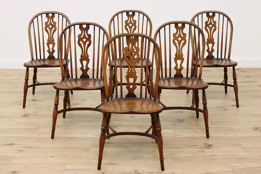 Main image of Set of 6 Farmhouse Vintage Windsor Elm & Oak Dining Chairs