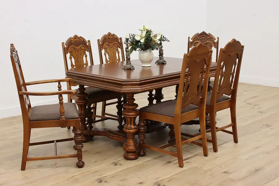 Main image of English Tudor Antique Dining Set, Table & Leaf, 6 Chairs