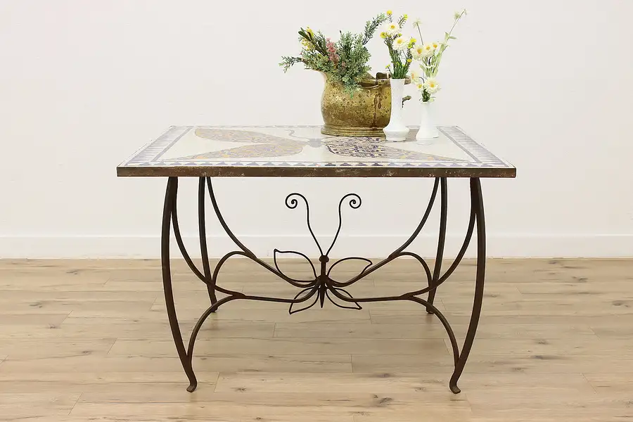 Main image of Butterfly Marble Mosaic & Iron Vintage Patio Dining Table