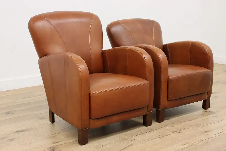 Main image of Pair of Vintage Art Deco Euro Leather Office Library Chairs