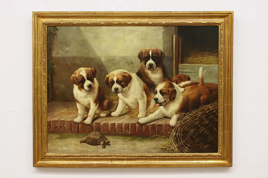 Main image of Puppies & Turtle Vintage Oil Painting after Eerelman 46"