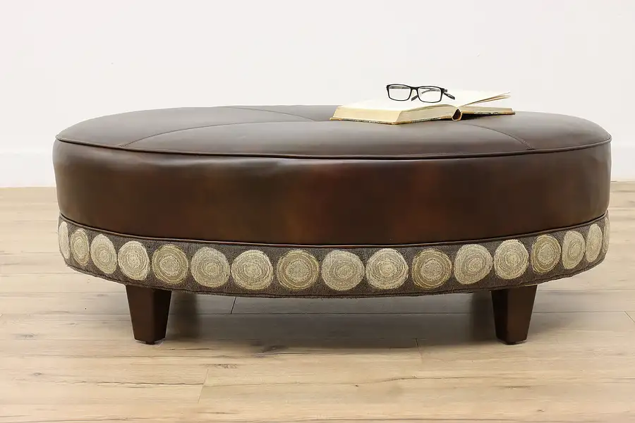 Main image of Chocolate Brown Leather Vintage Oval Ottoman or Bench