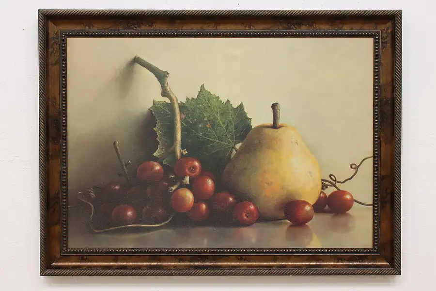 Main image of Still Life of Pear & Grapes Vintage Original Oil Painting 49"