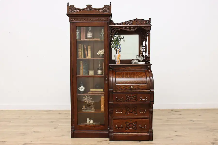 Main image of Victorian Antique Oak Roll Top Secretary Desk & Bookcase