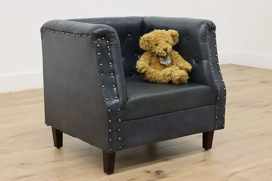 Main image of Child Size Vintage Blue Leather Armchair, Nickel Nailheads