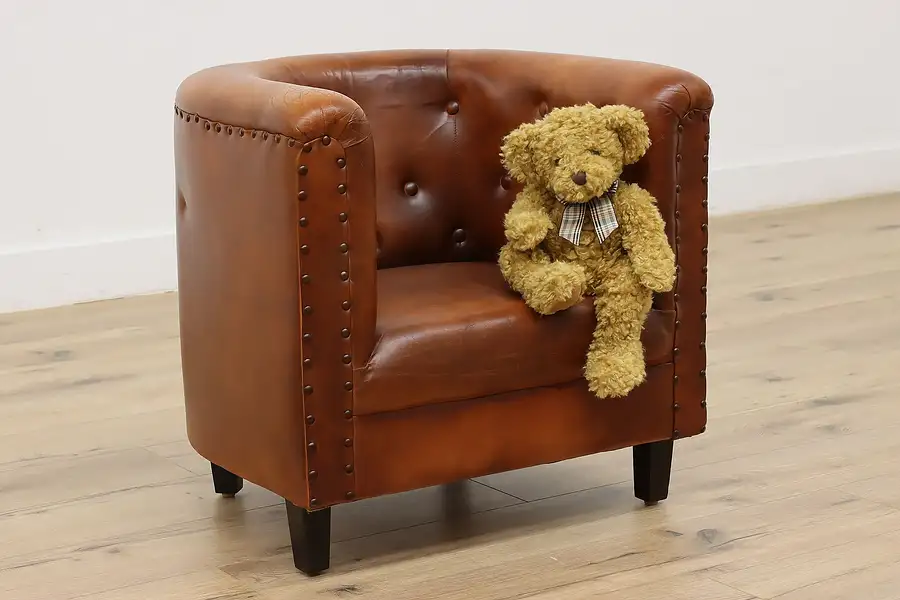 Main image of Child Size Vintage Brown Leather Armchair, Brass Nailhead