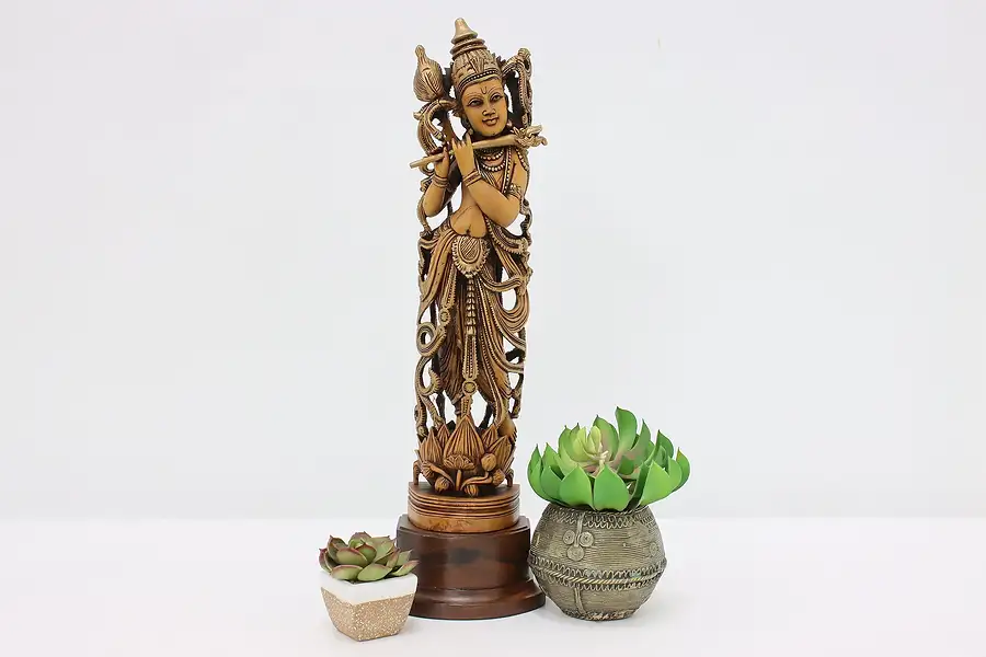 Main image of Hindu God Krishna Vintage Carved & Painted Indian Sculpture