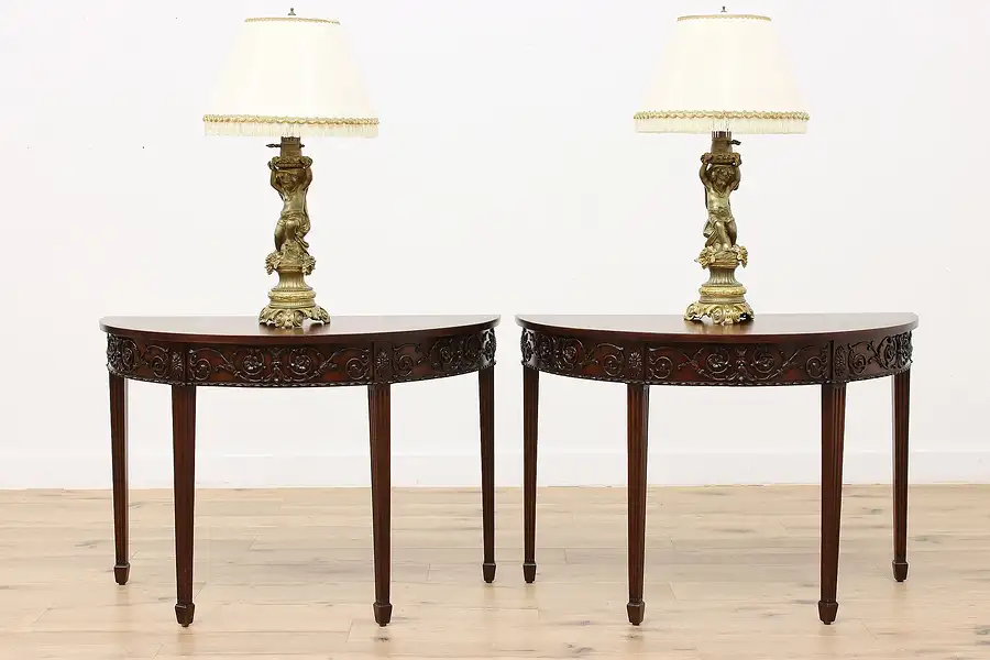 Main image of Pair of Georgian Design Mahogany Demilune Hall Console Tables