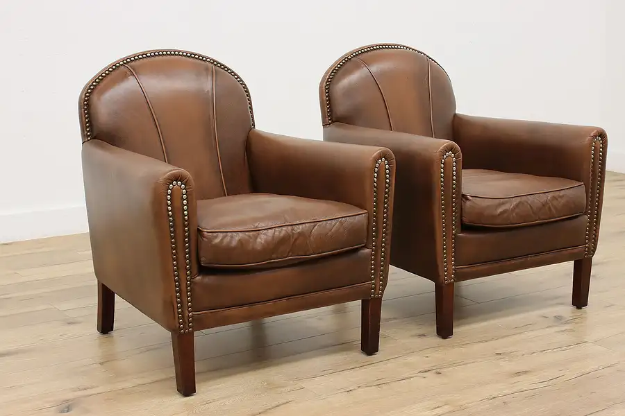 Main image of Pair of Art Deco French Vintage Leather Office Club Chairs