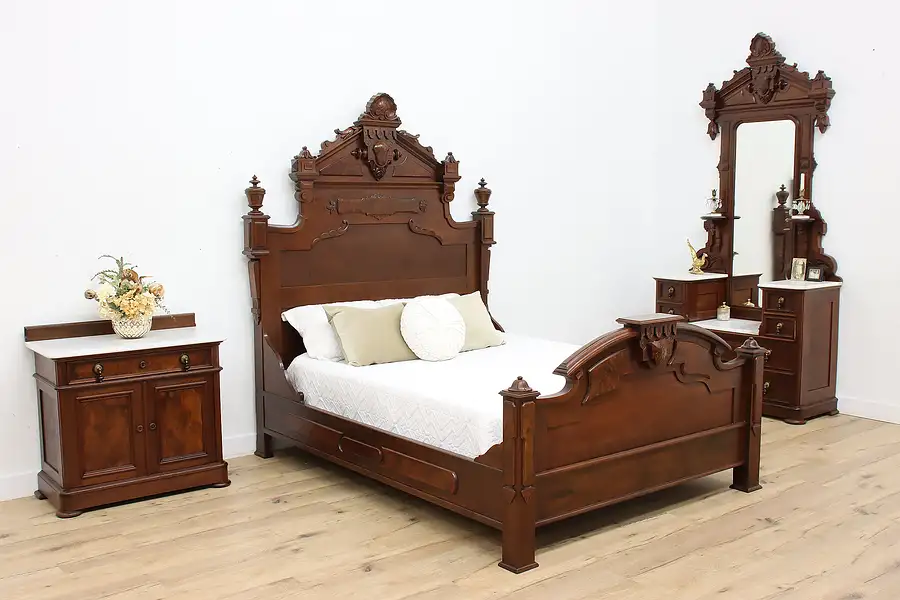 Main image of Victorian Antique Walnut 3 Pc Queen Bedroom Set Marble Tops