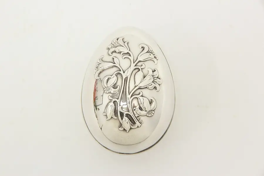 Main image of Silverplate Vintage Egg Shape Jewel Box, Lilies, Wallace